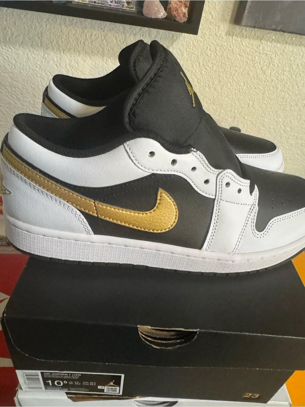 Jordan 1 Low-Top Sneakers  — White, Black & Gold metallic size 10.5